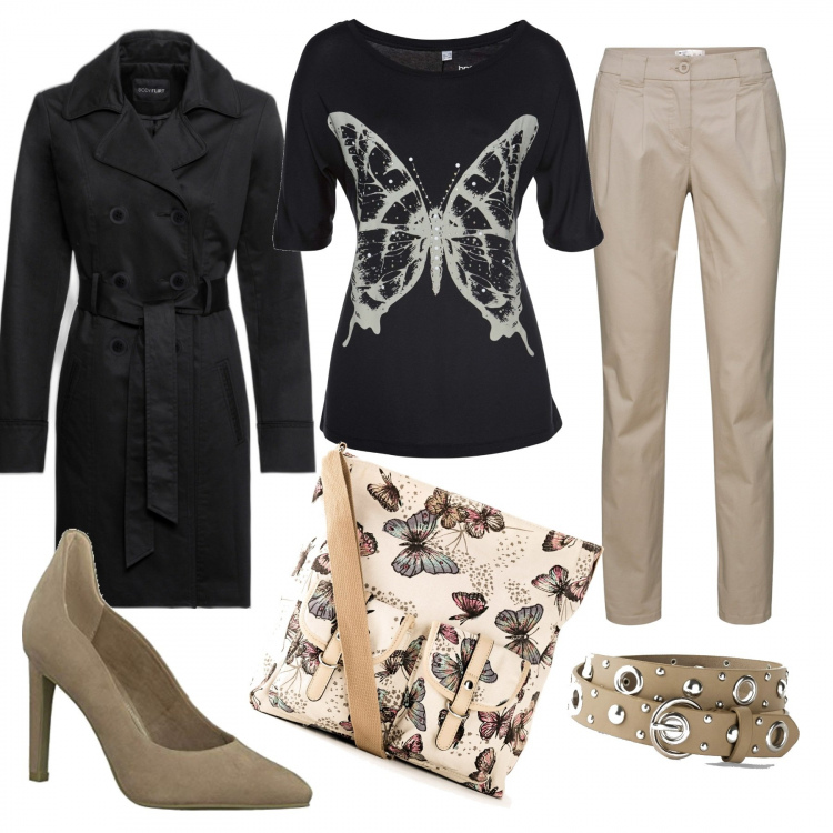 Outfit donna - Special Bonprix. Stile Casual chic per Ufficio. Abbinamento con pantaloni chino, borse a tracolla, t-shirt, trench, cinture, décolleté.