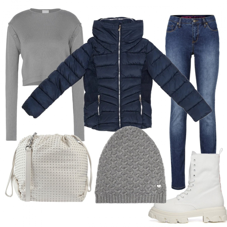 Outfit donna - Essenziale. Stile Basic per Tutti i giorni. Abbinamento con jeans skinny, berretti, borse a tracolla, pullovers, piumini, anfibi.