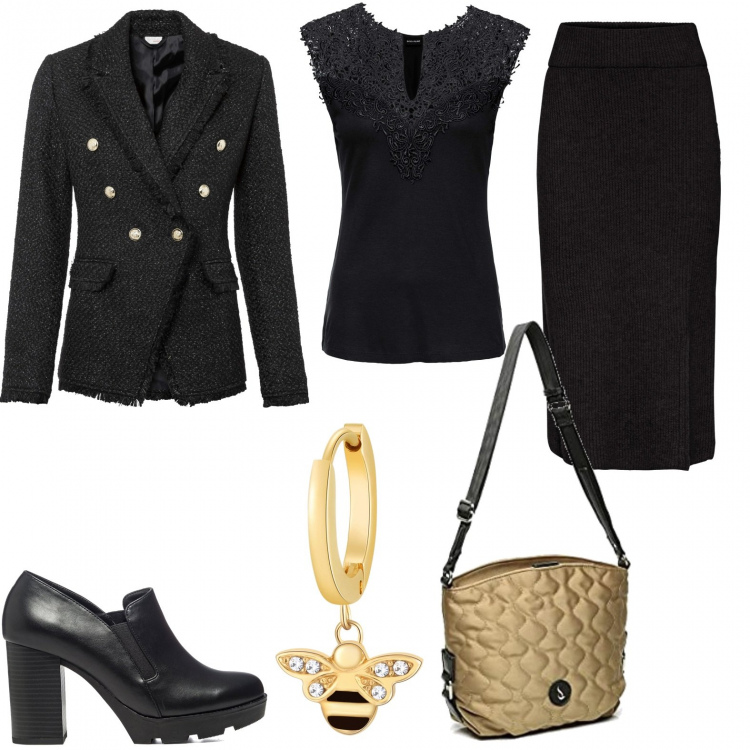 Outfit donna - Soft grunge con pizzo. Stile Chic per Ufficio. Abbinamento con top, gonne, blazer, orecchini, mocassini, borse a spalla.