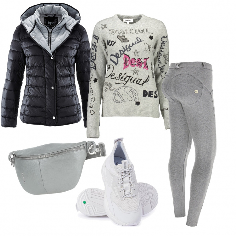 Outfit donna - Pomeriggio a passeggio. Stile Sporty chic per Tutti i giorni. look ideale per Tall. Abbinamento con piumini, marsupi, sneakers, pantaloni skinny, maglieria.