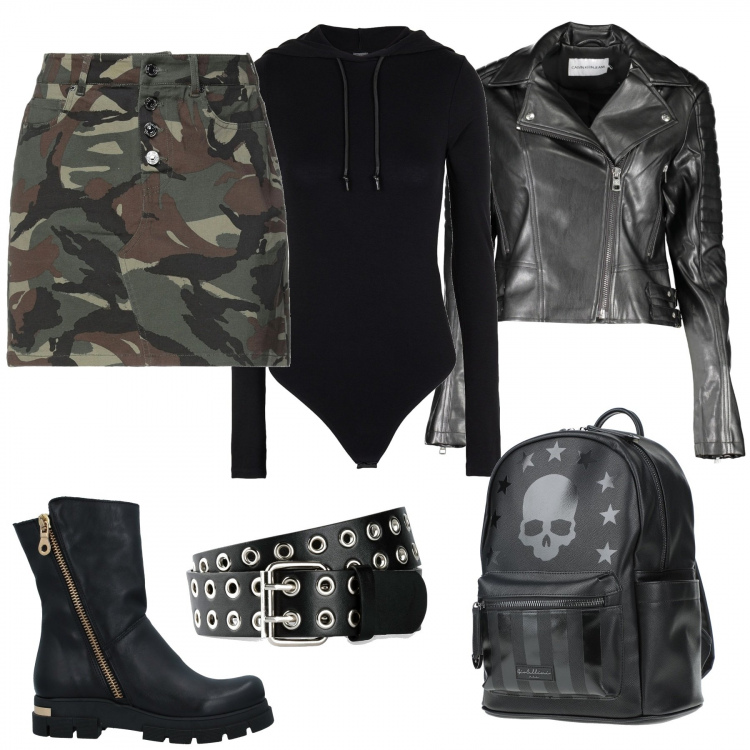 Outfit donna - Rock all night long. Stile Rock per Serata fuori. Abbinamento con cinture, stivaletti, zaini, t-shirt, minigonne, giacche sportive.