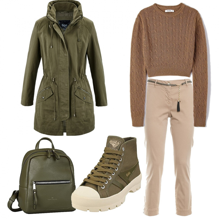 Outfit donna - Oliva. Stile Casual chic Abbinamento con parka, maglieria, pantaloni capri, sneakers, zaini.