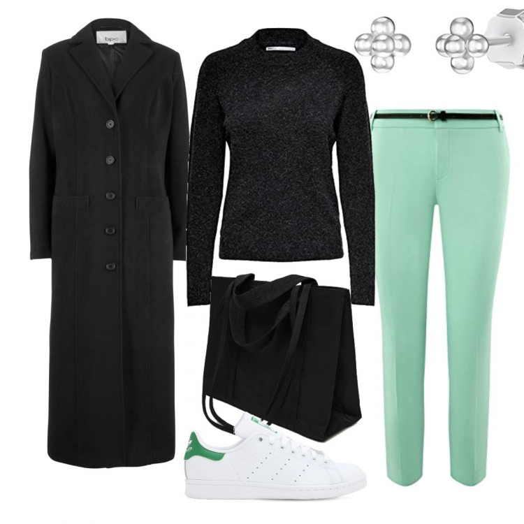 Outfit donna - Casual con i pantaloni verdi. Stile Casual chic per Tutti i giorni. Abbinamento con cappotti, maglieria, sneakers, pantaloni capri, orecchini, shopping bag.