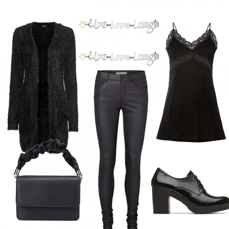 Outfit donna - Pantalone similpelle. Stile Glamour per Serata fuori. Abbinamento con cardigans, sottovesti, borse a mano, scarpe col tacco, orecchini, pantaloni.