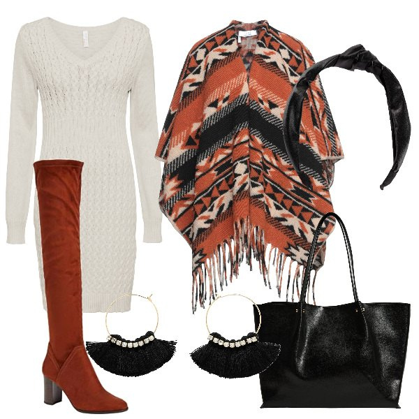 Outfit donna - Total look #1212207. Stile Etnico per Tutti i giorni. Abbinamento con vestiti, cerchietti, cappe, orecchini, stivali, shopping bag.