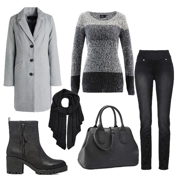 Outfit donna - Sfumature di grigio. Stile Casual per Tutti i giorni. Abbinamento con maglieria, jeans, cappotti, stivaletti, borse a mano, sciarpe.