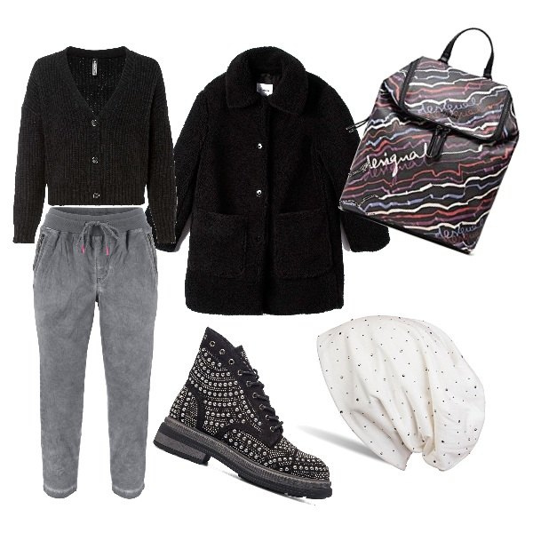 Outfit donna - Esplorando borghi o città. Stile Urban per Tutti i giorni. Abbinamento con pantaloni capri, cardigans, cappotti, anfibi, berretti, zaini.