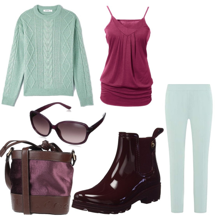 Outfit donna - Total look #1212379. Stile Basic per Tutti i giorni. Abbinamento con top, borse a tracolla, maglieria, stivali, pantaloni, occhiali da sole.