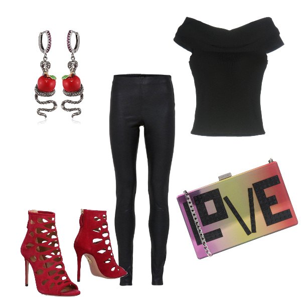 Outfit donna - Sexy con i pantaloni. Stile Sexy per Tutti i giorni. Abbinamento con stivaletti effetto scamosciato con zip open toe tinta unita, borsa a tracolla mini contrasto, top jersey, pantalone con zip in pelle elasticizzato nero, orecchini.