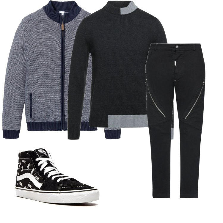 Outfit uomo - Bordi a contrasto. Stile Urban per Tutti i giorni. Abbinamento con cardigans, pullovers, pantaloni, sneakers alte.