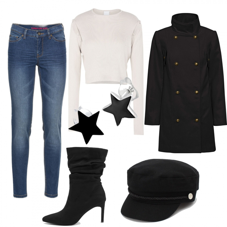 Outfit donna - Con le amiche. Stile Casual per Tutti i giorni. Abbinamento con jeans skinny, caban, pullovers, cappelli, stivali, orecchini.