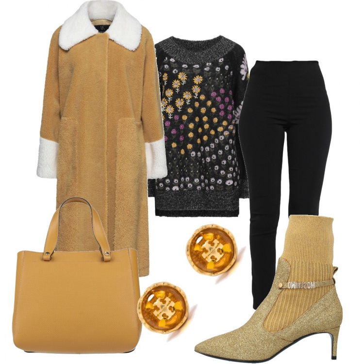 Outfit donna - Stivaletto oro con calzino. Stile Casual per Tutti i giorni. Abbinamento con stivaletti, pantaloni, pullovers, cappotti, borse a mano, orecchini.