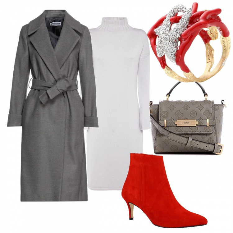 Outfit donna - Rosso e grigio. Stile Bon Ton per Ufficio. Abbinamento con stivaletti, anelli, cappotti, top, vestiti midi/longuette.