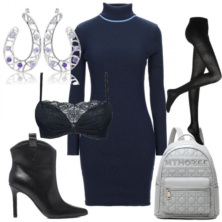 Outfit donna - Vestito dolcevita. Stile Casual per Tutti i giorni. look ideale per Petite. Abbinamento con reggiseni push-up, collant, vestiti corti, orecchini, stivaletti, zaini.