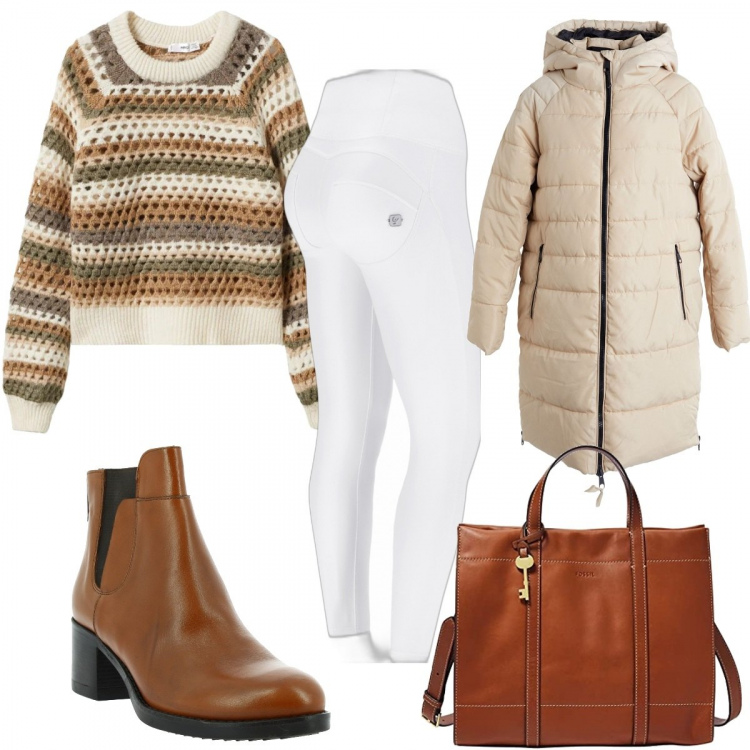 Outfit donna - Arriva il freddo. Stile Casual per Tutti i giorni. Abbinamento con piumini, stivaletti, pantaloni skinny, shopping bag, pullovers.