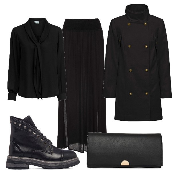 Outfit donna - Total look #1212895. Stile Casual chic per Serata fuori. Abbinamento con gonne lunghe, camicie, caban, anfibi, borse a mano.