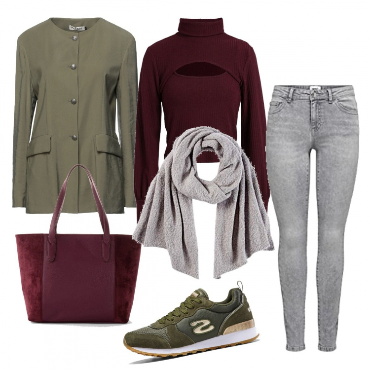 Outfit donna - Oliva e prugna..let\'s go!. Stile Urban per Tutti i giorni. Abbinamento con top, blazer, shopping bag, shopping bag, jeans skinny, sciarpe.