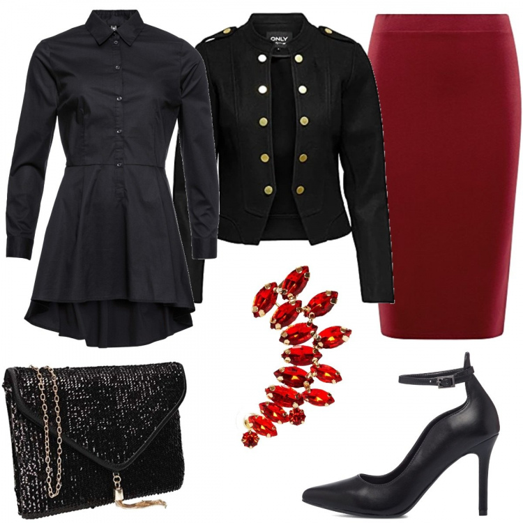 Outfit donna - Total look #1213278. Stile Romantica per Serata fuori. Abbinamento con camicie, orecchini, décolleté, gonne longuette, blazer, pochette.