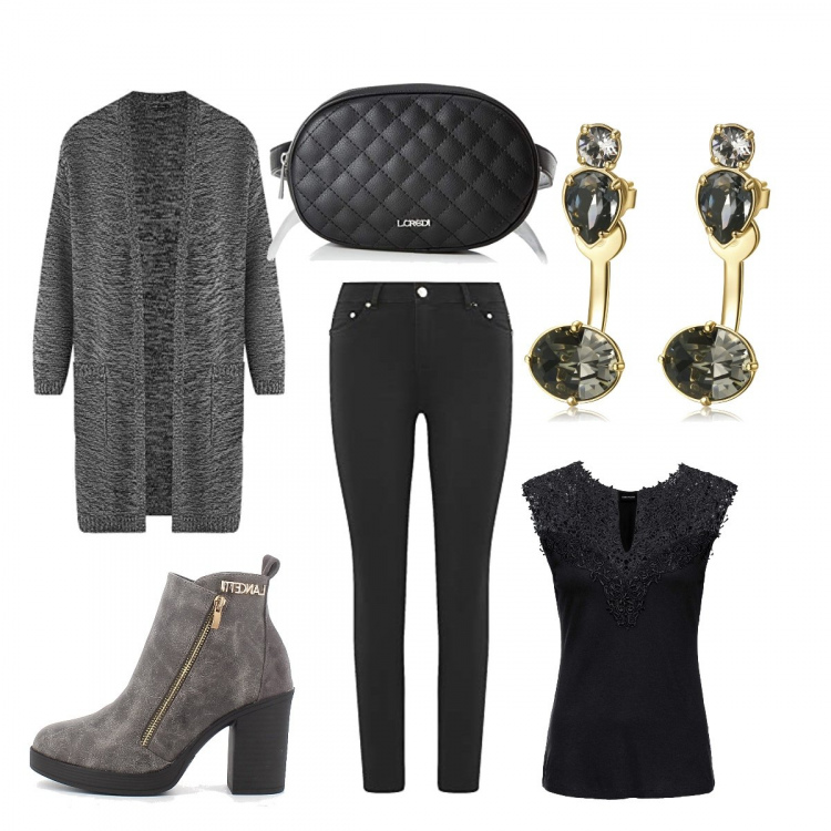 Outfit donna - Total look #1213322. Stile Casual per Tutti i giorni. look ideale per Tall. Abbinamento con top, orecchini, stivaletti, jeans skinny, cardigans, borse a tracolla.