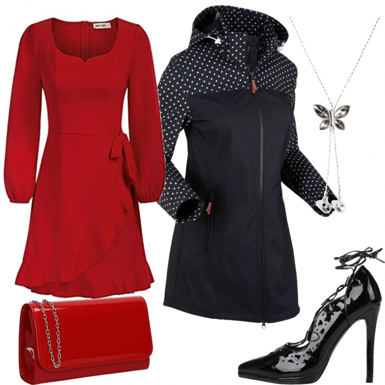 Outfit donna - La sera di Natale con lui. Stile Chic per Serata fuori. Abbinamento con blazer, ciondoli, décolleté, vestiti, pochette.