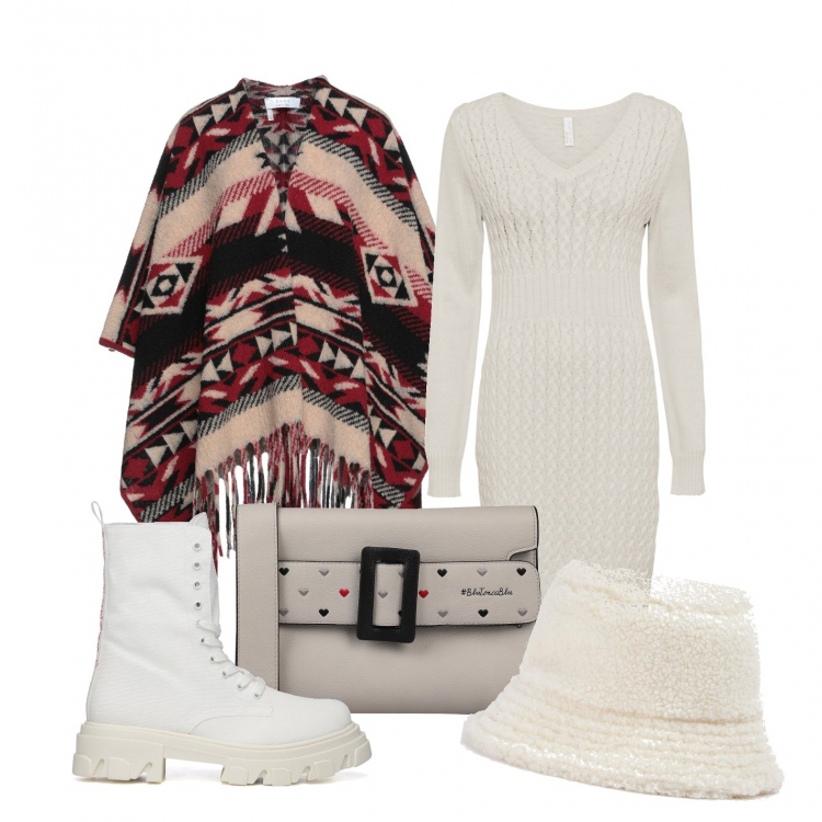 Outfit donna - Bianca al caldo. Stile Urban per Tutti i giorni. Abbinamento con vestiti, borse a mano, cappe, cappelli con visiera, anfibi.