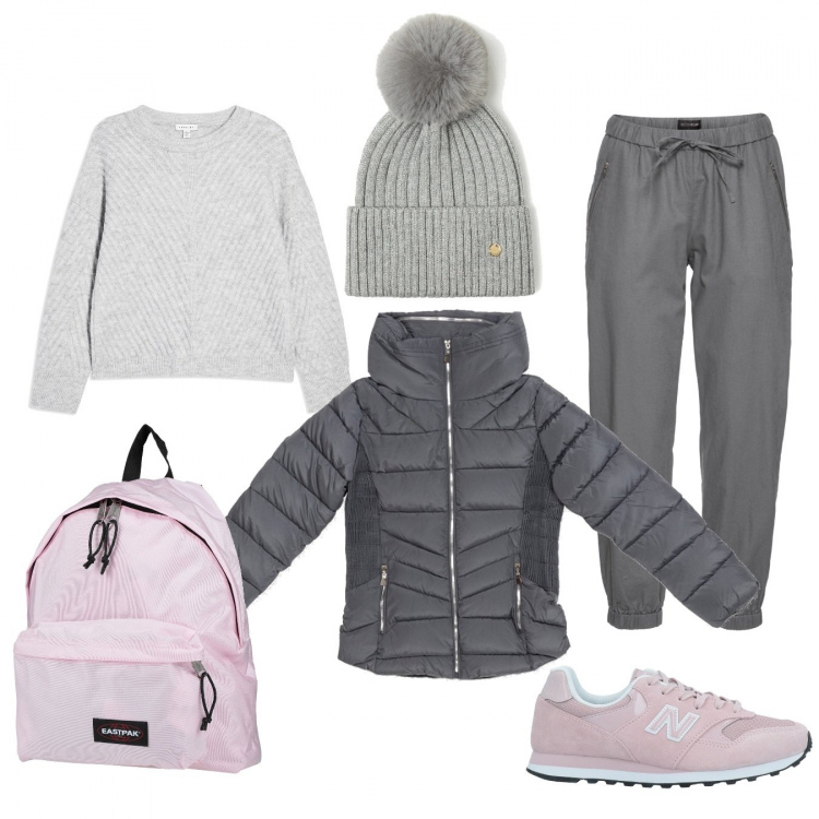 Outfit donna - Sportiva curata. Stile Sporty chic per Tutti i giorni. Abbinamento con pantaloni, sneakers, pullovers, zaini, berretti, piumini.