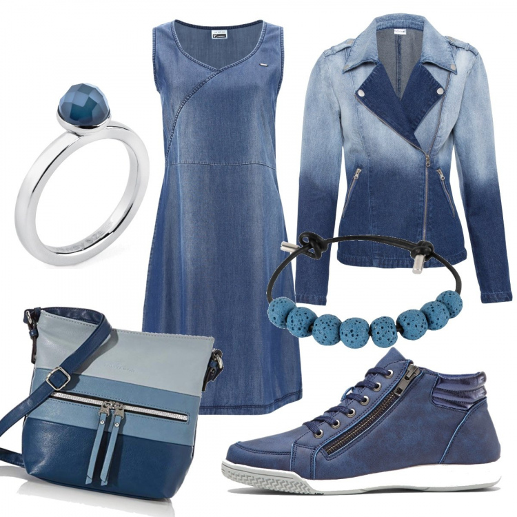 Outfit donna - Striature blu. Stile Casual per Tutti i giorni. Abbinamento con sneakers alte, giacche, braccialetti, anelli, vestiti senza maniche, borse a tracolla.
