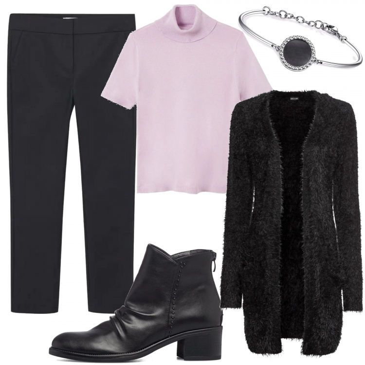 Outfit donna - 1554. Dolcevita rosa con Cardigan. Stile Trendy per Tutti i giorni. Abbinamento con cardigans, braccialetti, stivaletti, pullovers, pantaloni skinny.