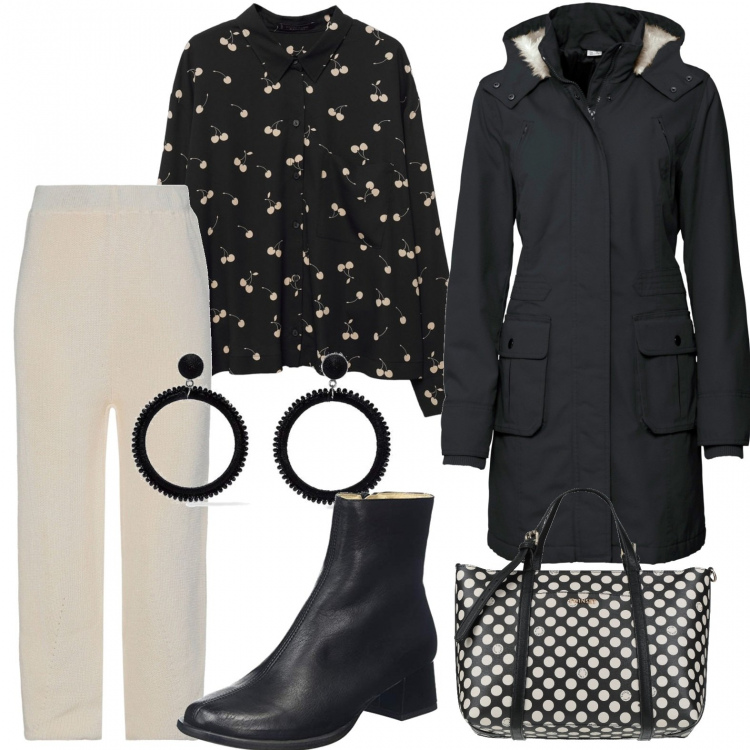 Outfit donna - Un bel sabato. Stile Casual chic per Ufficio. Abbinamento con parka, borse a mano, pantaloni, orecchini, bluse, stivaletti.