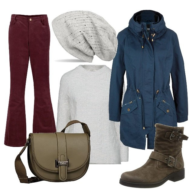 Outfit donna - Comodità. Stile Casual chic per Tutti i giorni. Abbinamento con parka, pantaloni, pullovers, berretti, stivaletti, borse a spalla.