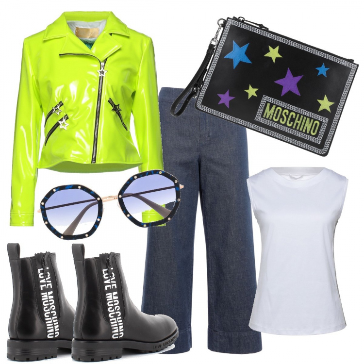 Outfit donna - Aperitivo rock. Stile Rock per Tutti i giorni. Abbinamento con giacche, top, borse a mano, occhiali da sole, stivaletti, jeans.