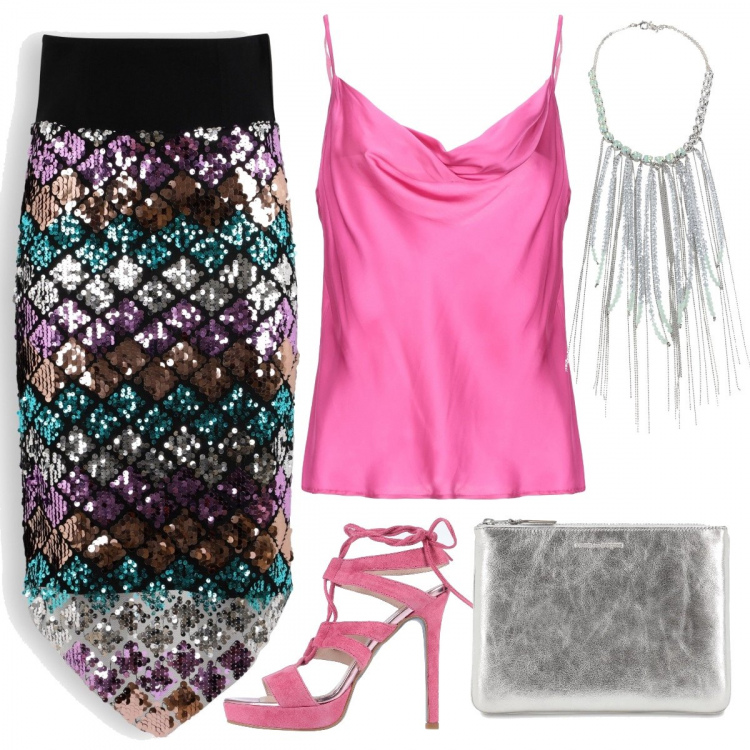 Outfit donna - Splendido splendente. Stile Glamour per Serata fuori. Abbinamento con top, sandali in pelle, collane, gonne, pochette.