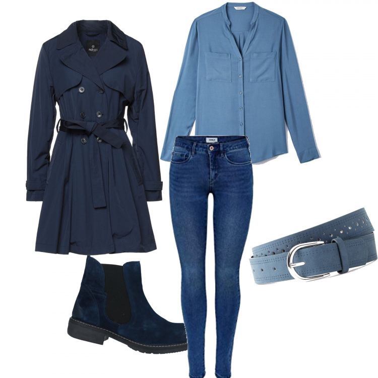 Outfit donna - Total look #1214313. Stile Casual Abbinamento con cinture, stivaletti, cappotti, camicie, jeans skinny.