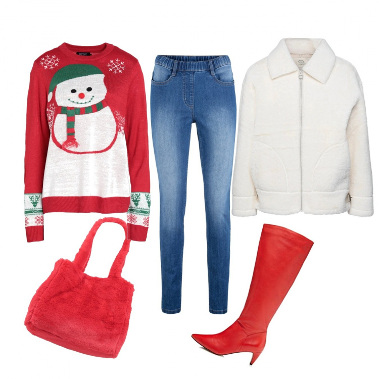 Outfit donna - Christmas style. Stile Casual chic per Tutti i giorni. Abbinamento con jeggings, pullovers, cappotti, borse a mano, stivali.