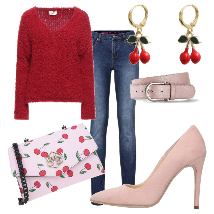 Outfit donna - Rosso ciliegia. Stile Casual chic per Tutti i giorni. Abbinamento con jeans skinny, cinture, pullovers, borse a tracolla, décolleté, orecchini.