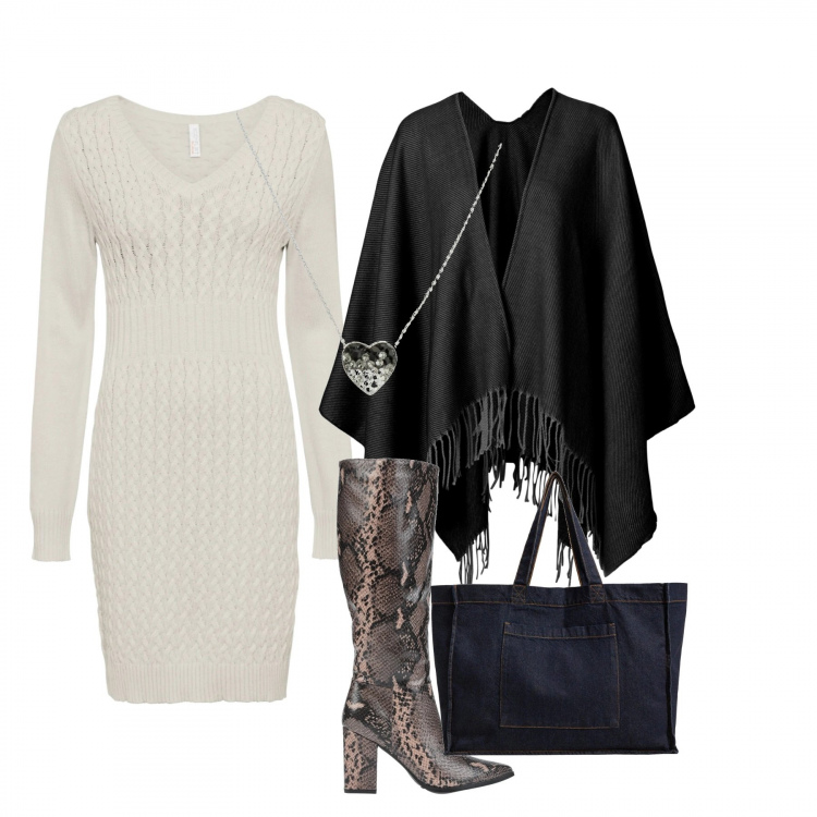 Outfit donna - Basic #34435. Stile Basic per Tutti i giorni. Abbinamento con vestiti, cappotti, collane, stivali, shopping bag.