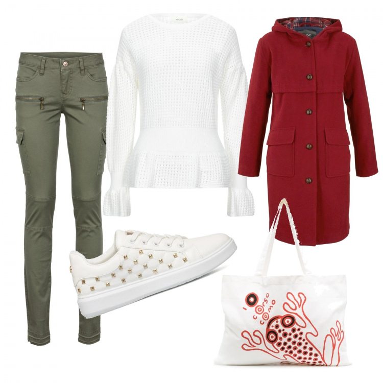 Outfit donna - Verde oliva. Stile Casual per Tutti i giorni. Abbinamento con pantaloni cargo, cappotti, pullovers, borse tote, sneakers.