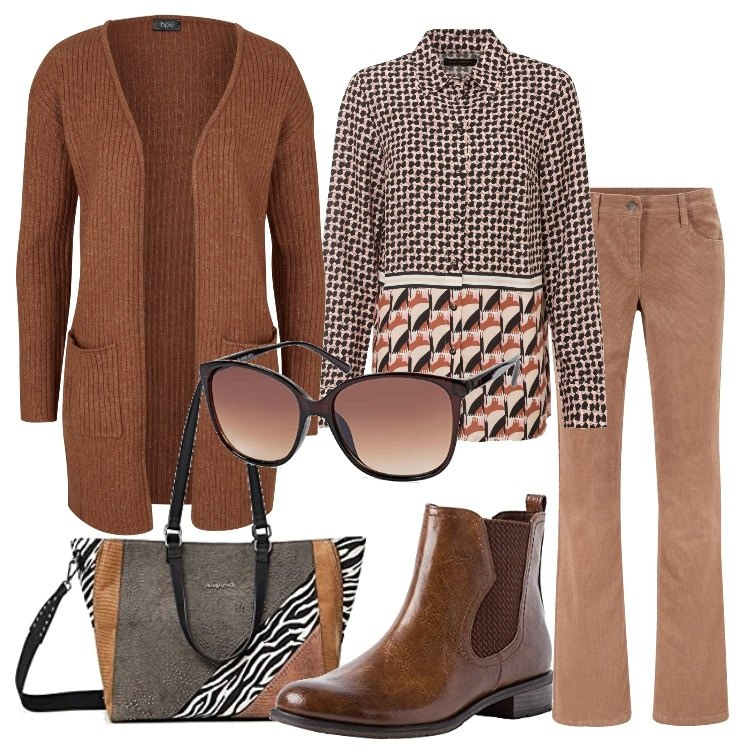 Outfit donna - Un pomeriggio con le amiche. Stile Casual chic per Tutti i giorni. Abbinamento con pantaloni, camicie, cardigans, stivaletti chelsea, shopping bag, occhiali da sole.