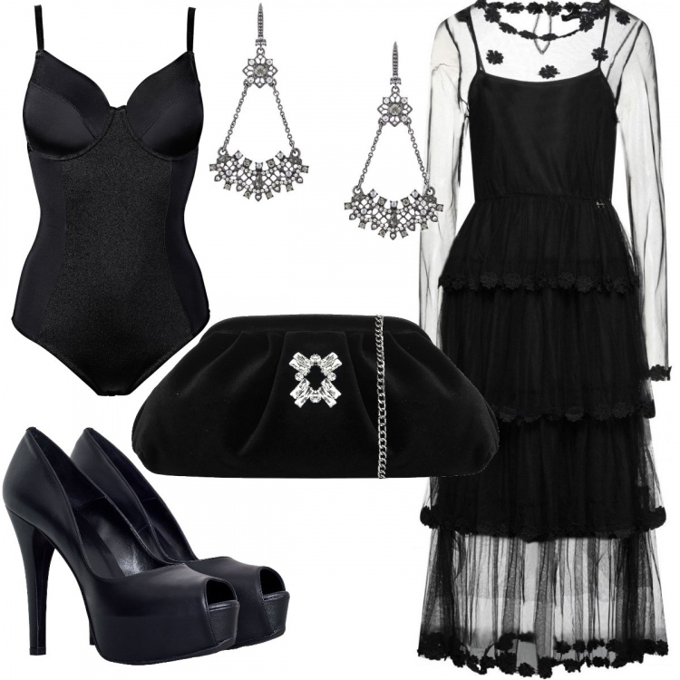 Outfit donna - Capodanno in nero. Stile Chic per Serata fuori. Abbinamento con body, vestiti midi/longuette, décolleté, pochette, orecchini.