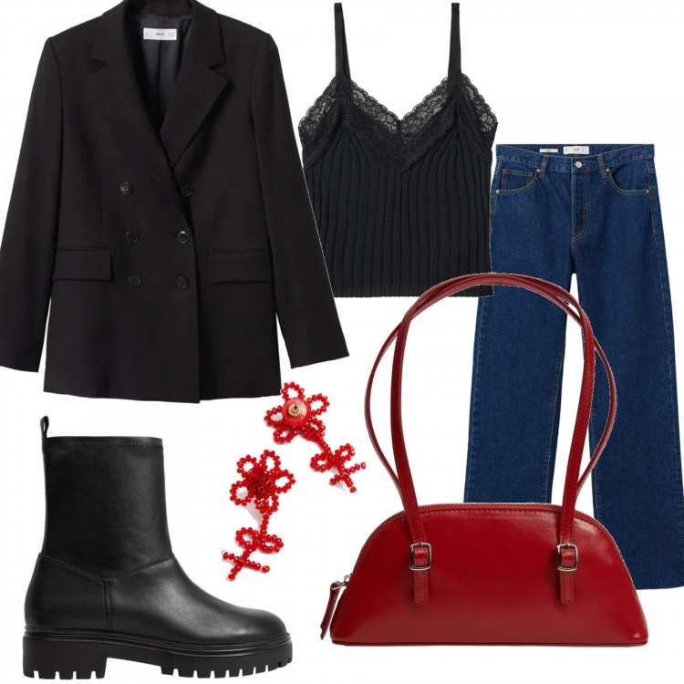 Outfit donna - Mango total look. Stile Casual chic per Serata fuori. Abbinamento con borse a spalla, jeans, giacche, stivaletti, orecchini, top.