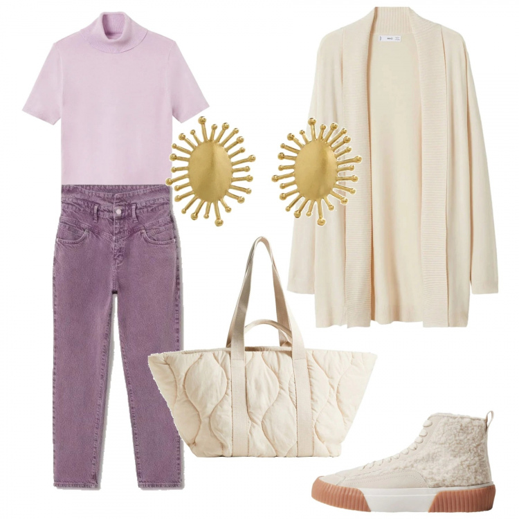 Outfit donna - Total look #1214626. Stile Casual per Tutti i giorni. Abbinamento con pullovers, pantaloni capri, cardigans, orecchini, sneakers, shopping bag.