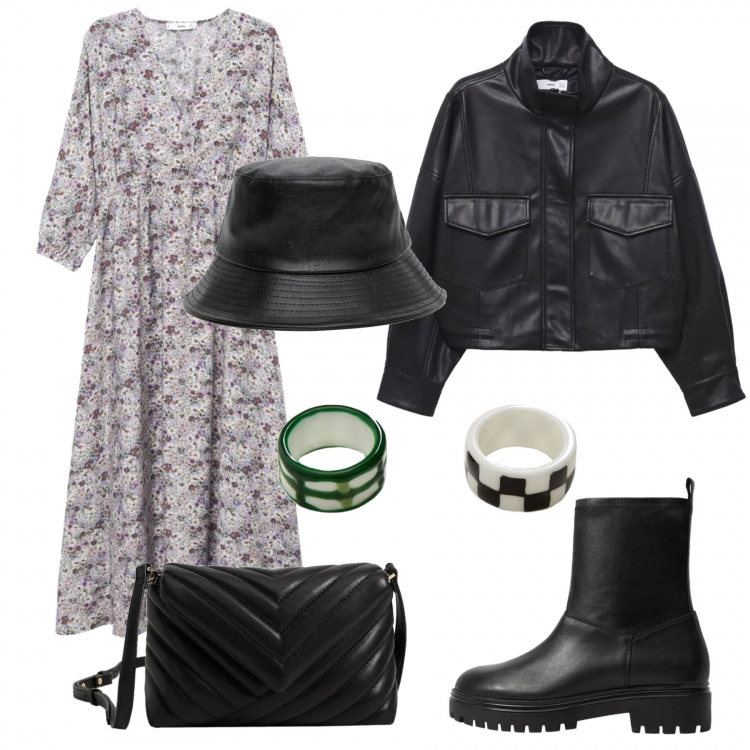 Outfit donna - New Shop Mango. Stile Trendy per Tutti i giorni. Abbinamento con vestiti midi/longuette, stivaletti, cappelli, borse a tracolla, giacche, anelli.