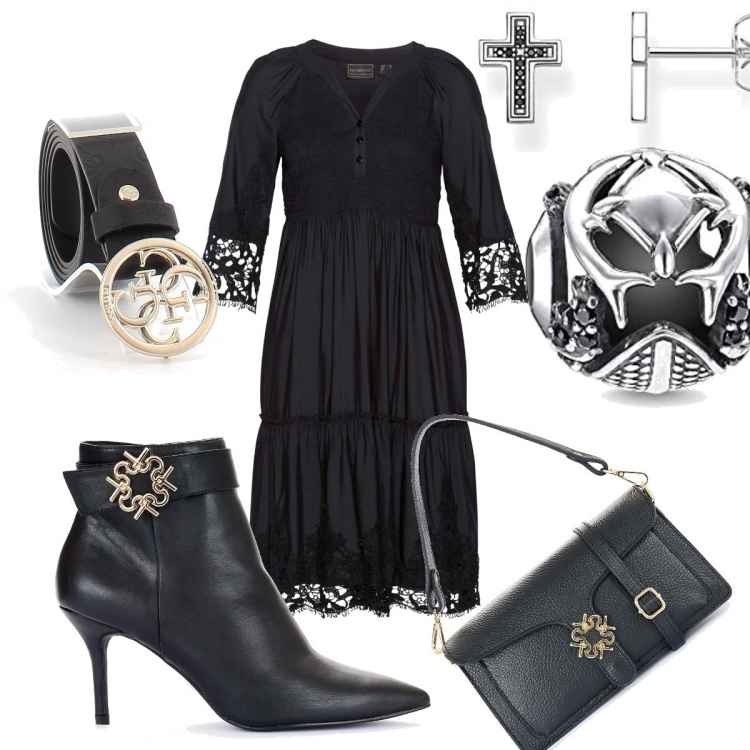Outfit donna - Let’s rock!. Stile Rock per Serata fuori. Abbinamento con vestiti chemisier, borse a spalla, stivaletti, cinture, orologi, orecchini.