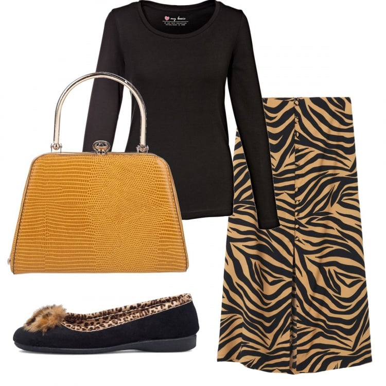 Outfit donna - Trendy #46093. Stile Trendy per Tutti i giorni. Abbinamento con borse a mano, maglieria, ballerine, gonne longuette.