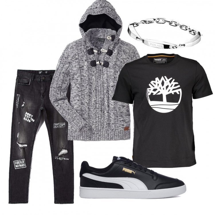 Outfit uomo - Bianco & Nero. Stile Trendy per Tutti i giorni. Abbinamento con maglieria, jeans, sneakers, t-shirt, braccialetti.