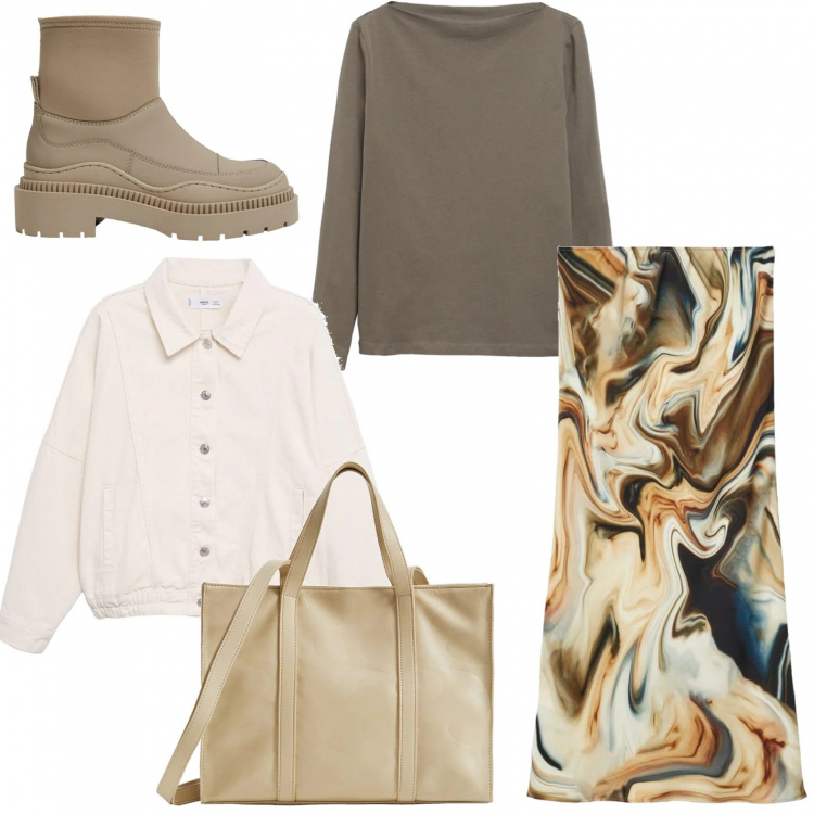 Outfit donna - New shop. Stile Minimal per Tutti i giorni. Abbinamento con t-shirt, gonne longuette, stivaletti, giacche, shopping bag.