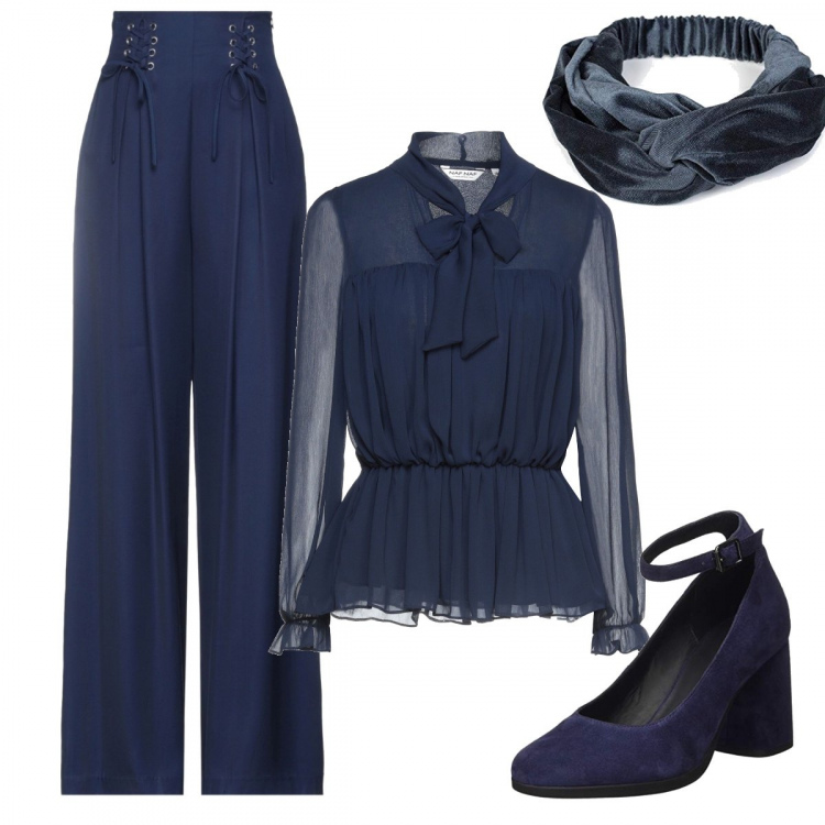Outfit donna - Total blue. Stile Casual chic per Tutti i giorni. Abbinamento con pantaloni, bluse, décolleté, fasce per capelli.