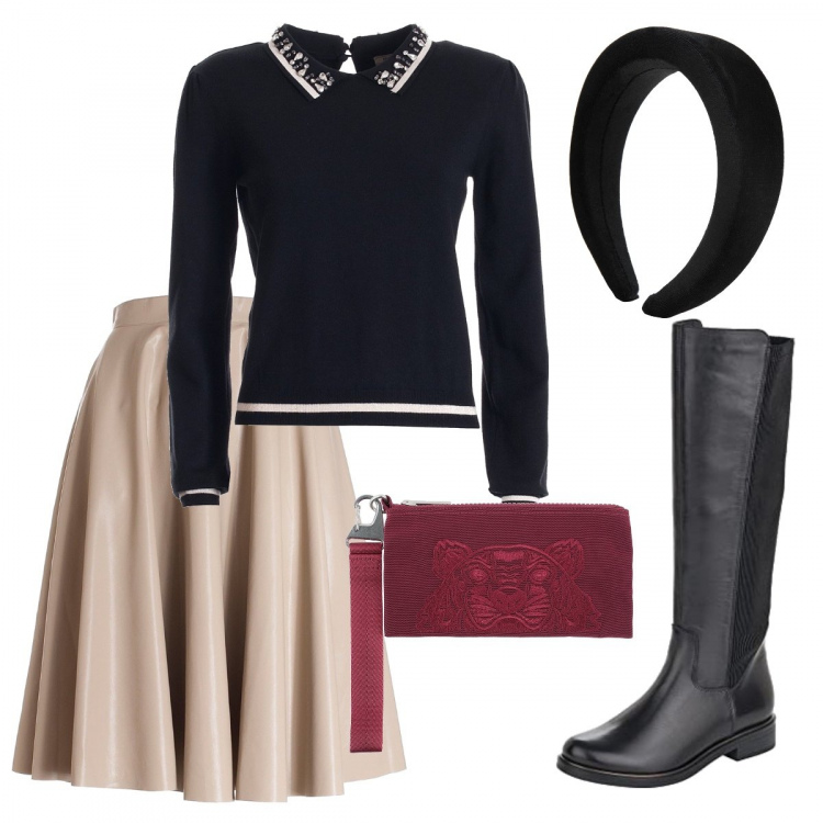 Outfit donna - Aspettando il natale. Stile Casual chic per Tutti i giorni. Abbinamento con pochette, cerchietti, maglieria, gonne longuette, stivali sopra il ginocchio.