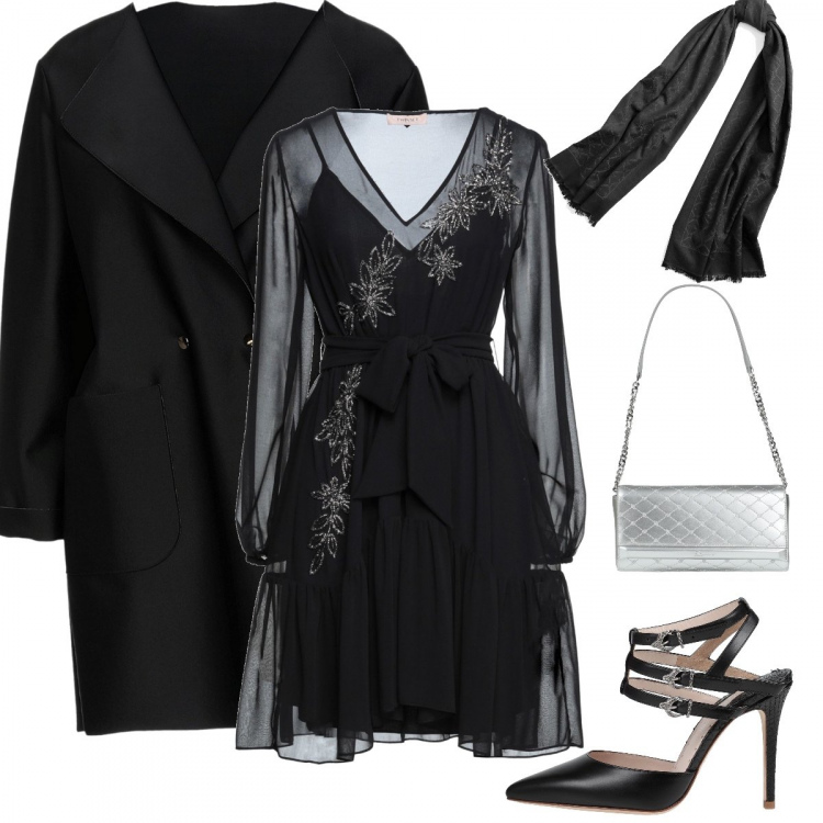 Outfit donna - Festeggiando il Natale. Stile Glamour per Serata fuori. Abbinamento con vestiti corti, borse a mano, décolleté, sciarpe, cappotti.