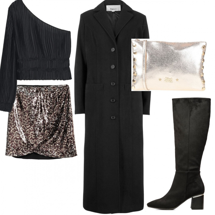 Outfit donna - Natale con Pittarosso. Stile Glamour per Serata fuori. Abbinamento con cappotti, minigonne, borse a tracolla, stivali, bluse.